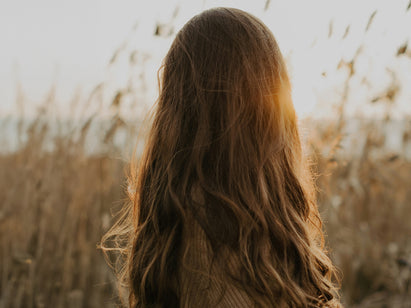 Back of woman's head in a field - long hair